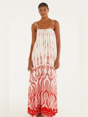 FARM Rio White Maxi Dress with Red Print and Tie Straps
